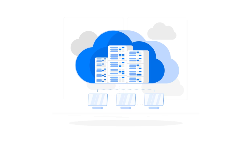 A cloud symbol with servers connected below it representing cloud storage