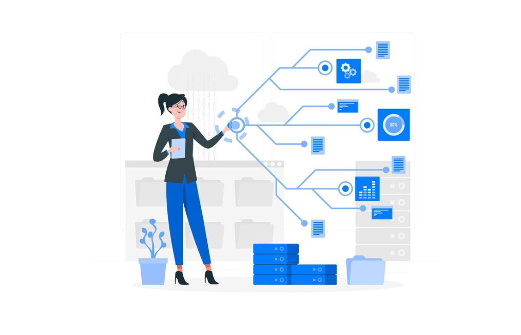 A woman presenting a cloud computing infrastructure diagram