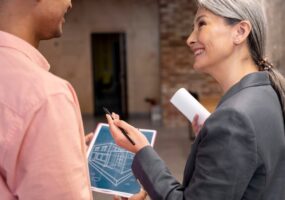 A woman smiles at a man while holding blueprints