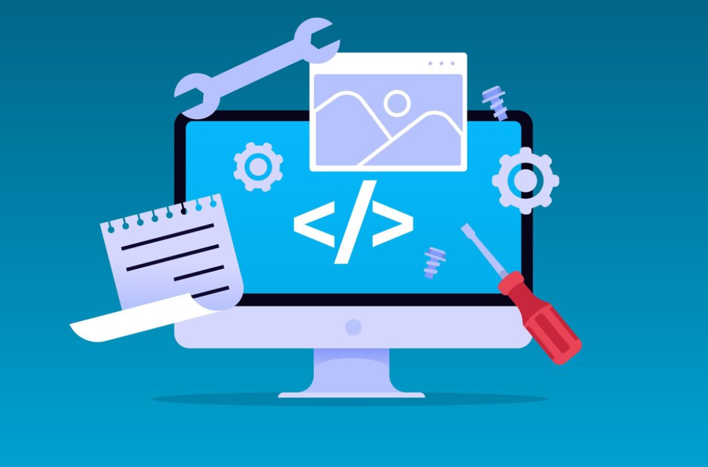 A desktop with coding elements and tools, denoting a web development workspace