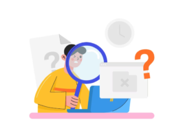 a character with a magnifying glass looking at the laptop, the webpage and clock icons