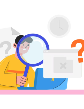 a character with a magnifying glass looking at the laptop, the webpage and clock icons