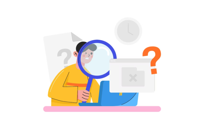 a character with a magnifying glass looking at the laptop, the webpage and clock icons